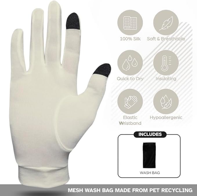 Pure Silk Glove Liners | Soft & Comfortable | Touchscreen Thermal Gloves | Natural Wear | Unisex | With Wash Bag