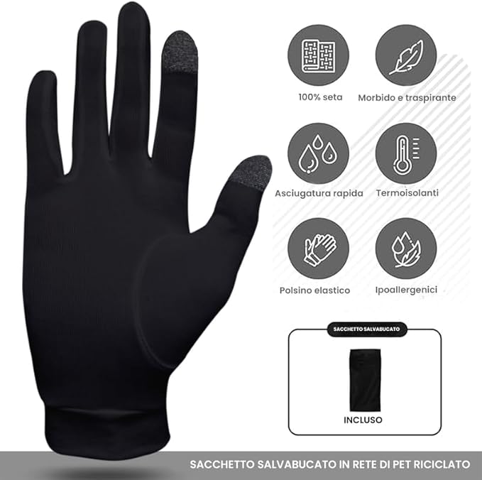 Pure Silk Glove Liners | Soft & Comfortable | Inner Thermal Touchscreen Gloves | Natural Wear | Unisex | Wash Bag Included (Jet Black, Small)