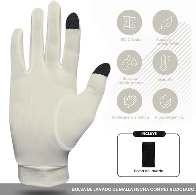 Pure Silk Glove Liners | Soft & Comfortable | Inner Thermal Touchscreen Gloves | Natural Wear | Unisex | Wash Bag Included (Cream, Small)