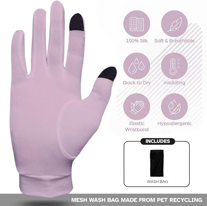Pure Silk Glove Liners | Soft & Comfortable | Inner Thermal Touchscreen Gloves | Natural Wear | Unisex | Wash Bag Included (Salmon, Medium)