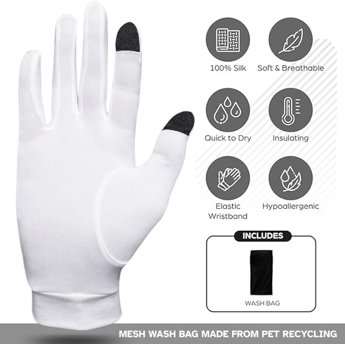 Pure Silk Glove Liners | Soft & Comfortable | Inner Thermal Touchscreen Gloves | Natural Wear | Unisex | Wash Bag Included (Off-White, Small)