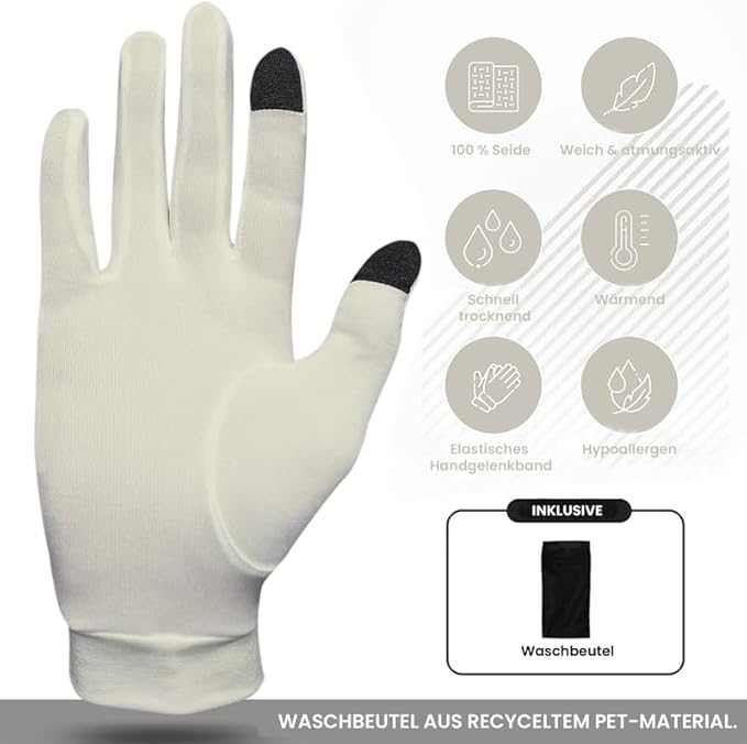 Pure Silk Glove Liners | Soft & Comfortable | Touchscreen Thermal Gloves | Natural Wear | Unisex | With Wash Bag