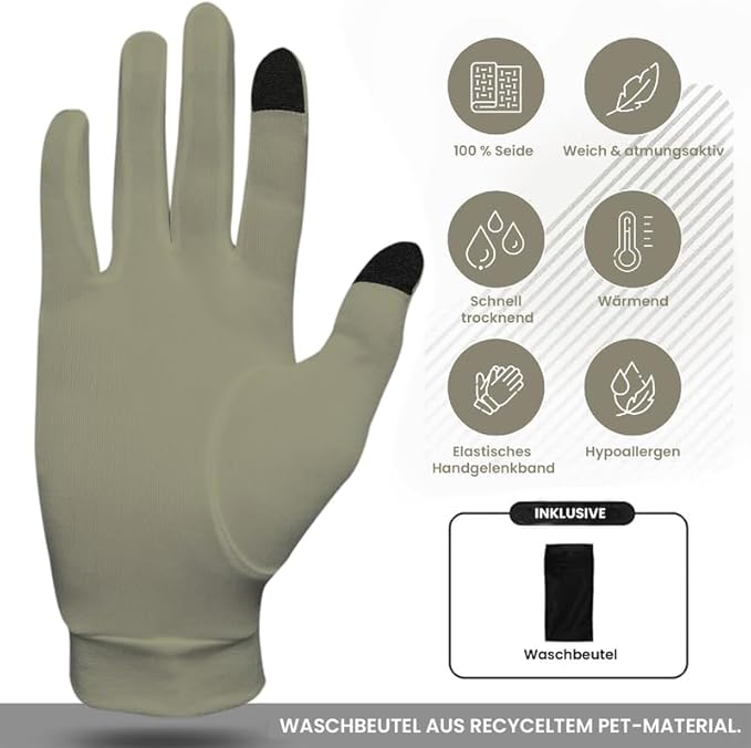Pure Silk Glove Liners | Soft & Comfortable | Inner Thermal Touchscreen Gloves | Natural Wear | Unisex | Wash Bag Included (Khaki, Large)