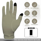 Pure Silk Glove Liners | Soft & Comfortable | Inner Thermal Touchscreen Gloves | Natural Wear | Unisex | Wash Bag Included (Khaki, Small)