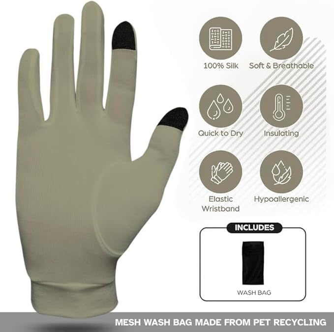 Pure Silk Glove Liners | Soft & Comfortable | Inner Thermal Touchscreen Gloves | Natural Wear | Unisex | Wash Bag Included (Khaki, Medium)