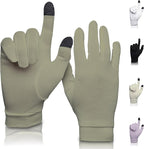 Pure Silk Glove Liners | Soft & Comfortable | Inner Thermal Touchscreen Gloves | Natural Wear | Unisex | Wash Bag Included (Khaki, Large)