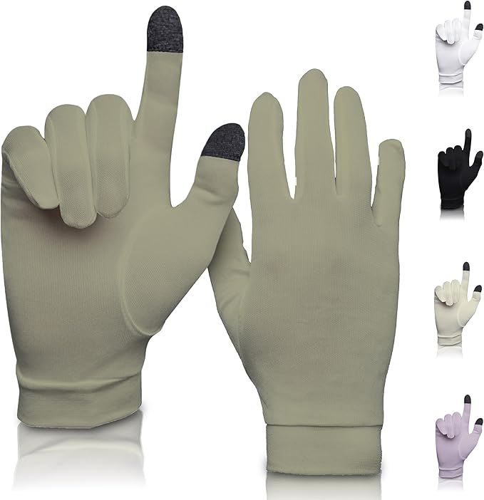 Pure Silk Glove Liners | Soft & Comfortable | Inner Thermal Touchscreen Gloves | Natural Wear | Unisex | Wash Bag Included (Khaki, Small)